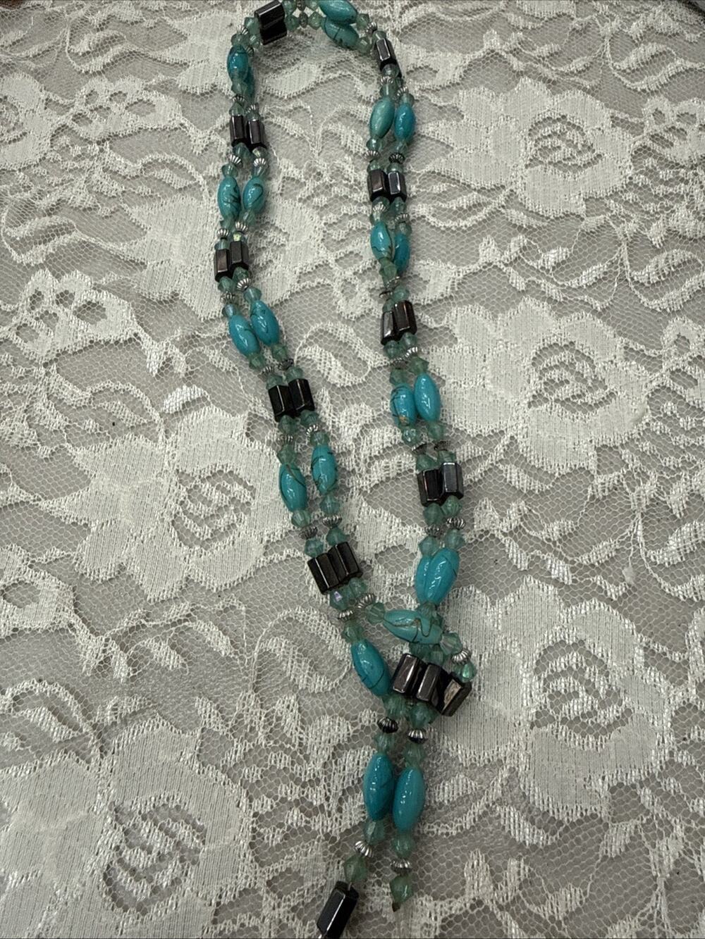 Magnetic Turquoise Color Gray Hematite Beaded Bracelet /Necklace Adjustable